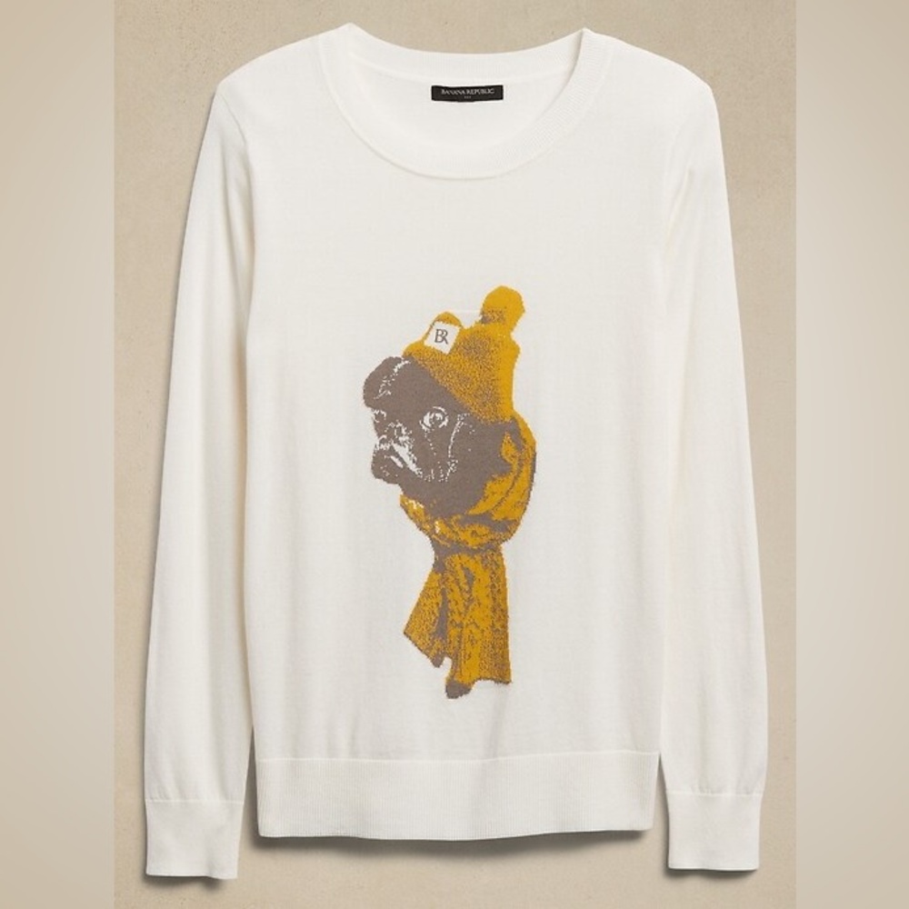 Banana Republic White Sweater with Dog Graphic